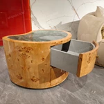 Contoured Amber Burl Wood Side Table with Green Stone Top and Two Drawers